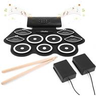 [아마존베스트]Electronic Drum Set, Ohuhu 9 Pads Portable Roll Up Midi Tabletop Drum Set with Built-in Speaker Drum Foot Pedal Drumsticks for Children and Beginners