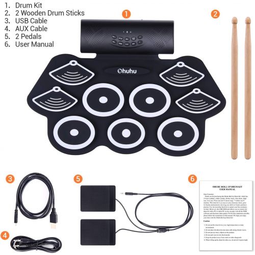  [아마존베스트]Electronic Drum Set, Ohuhu 9 Pads Portable Roll Up Midi Tabletop Drum Set with Built-in Speaker Drum Foot Pedal Drumsticks for Children and Beginners