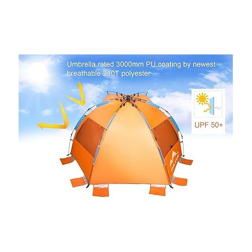  Oileus X-Large 4 Person Beach Tent Sun Shelter - Portable Sun Shade Instant Tent for Beach with Carrying Bag, Stakes, 6 Sand Pockets, Anti UV for Fishing Hiking Camping, Waterproof Windproof, Orange