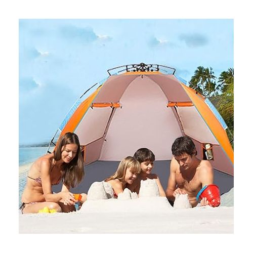  Oileus X-Large 4 Person Beach Tent Sun Shelter - Portable Sun Shade Instant Tent for Beach with Carrying Bag, Stakes, 6 Sand Pockets, Anti UV for Fishing Hiking Camping, Waterproof Windproof, Orange
