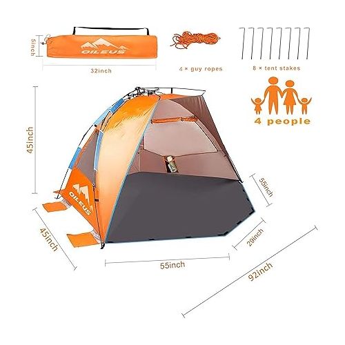  Oileus X-Large 4 Person Beach Tent Sun Shelter - Portable Sun Shade Instant Tent for Beach with Carrying Bag, Stakes, 6 Sand Pockets, Anti UV for Fishing Hiking Camping, Waterproof Windproof, Orange