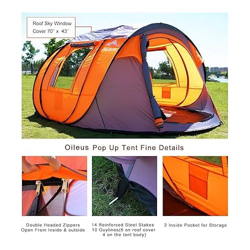  OILEUS Pop Up Dome Tent Instant Camping Tent 5-6 Person Tent with Sky-Window Easy, Automatic Setup - Fast Pitch & Fold with Portable Carrying Bag Ideal for Family Backpacking Hiking Pet