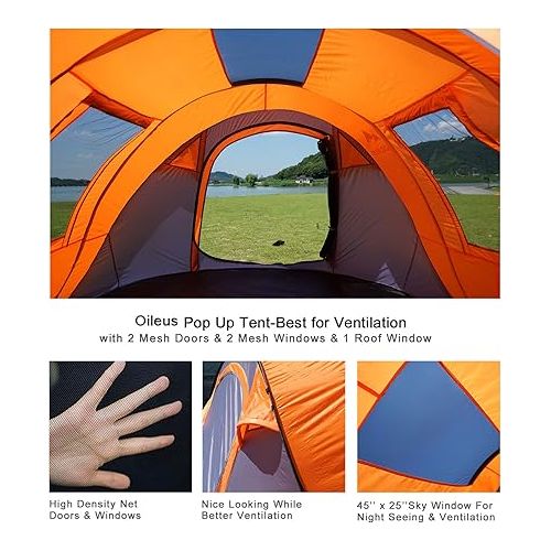  OILEUS Pop Up Dome Tent Instant Camping Tent 5-6 Person Tent with Sky-Window Easy, Automatic Setup - Fast Pitch & Fold with Portable Carrying Bag Ideal for Family Backpacking Hiking Pet