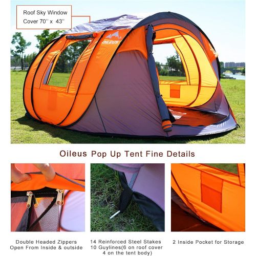  Oileus Pop Up Tent Family Camping Tents 4 Person Tent for Camping Sky-Window(45”x 25”) Instant Camping Tent 14 Reinforced Steel Stakes & Carrying 114”L 78”W 51”H