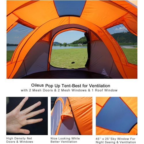  Oileus Pop Up Tent Family Camping Tents 4 Person Tent for Camping Sky-Window(45”x 25”) Instant Camping Tent 14 Reinforced Steel Stakes & Carrying 114”L 78”W 51”H