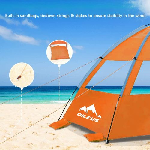  Oileus Beach Tent 2-3 Person Portable Sun Shade Shelter UV Protection, Extended Floor Ventilating Mesh Roll Up Windows Carrying Bag Stakes 6 Sand Pockets Fishing Hiking Camping,Ora