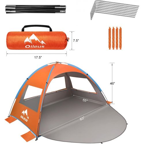  Oileus Beach Tent 2-3 Person Portable Sun Shade Shelter UV Protection, Extended Floor Ventilating Mesh Roll Up Windows Carrying Bag Stakes 6 Sand Pockets Fishing Hiking Camping,Ora