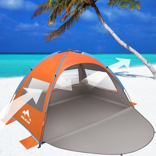  Oileus Beach Tent 2-3 Person Portable Sun Shade Shelter UV Protection, Extended Floor Ventilating Mesh Roll Up Windows Carrying Bag Stakes 6 Sand Pockets Fishing Hiking Camping,Ora