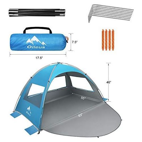  Oileus Beach Tent 2-3 Person Portable Sun Shade Shelter UV Protection, Extended Floor Ventilating Mesh Roll Up Windows Carrying Bag Stakes 6 Sand Pockets Fishing Hiking Camping,Blu