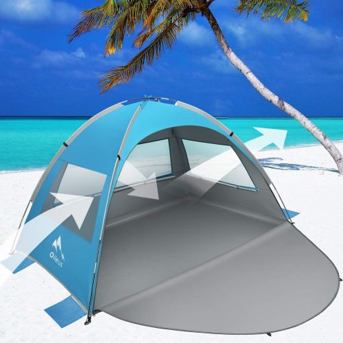  Oileus Beach Tent 2-3 Person Portable Sun Shade Shelter UV Protection, Extended Floor Ventilating Mesh Roll Up Windows Carrying Bag Stakes 6 Sand Pockets Fishing Hiking Camping,Blu