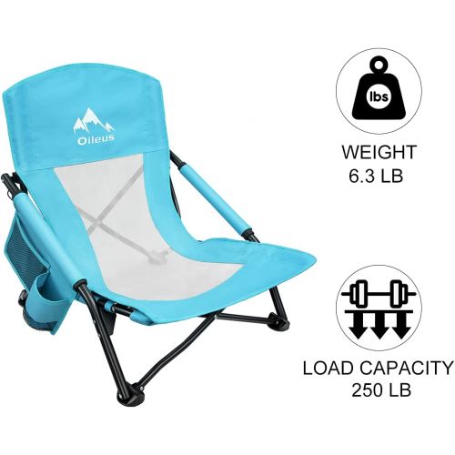  Oileus Low Beach Chair for Beach Tent & Shelter & Camping Outdoor Ultralight Backpacking Folding Recliner Chairs with Cup Holder & Storage Bag, Carry Bag, Breeze Mesh Back, Compact