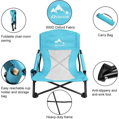  Oileus Low Beach Chair for Beach Tent & Shelter & Camping Outdoor Ultralight Backpacking Folding Recliner Chairs with Cup Holder & Storage Bag, Carry Bag, Breeze Mesh Back, Compact