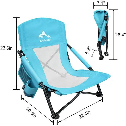  Oileus Low Beach Chair for Beach Tent & Shelter & Camping Outdoor Ultralight Backpacking Folding Recliner Chairs with Cup Holder & Storage Bag, Carry Bag, Breeze Mesh Back, Compact