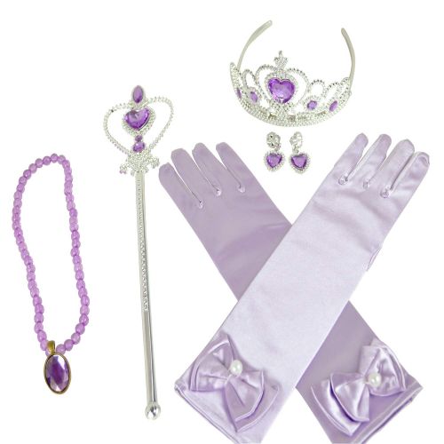  Oiuros Girls Princess Dress up Accessories Set- Gloves,Tiara Crown, Earrings,Wand and Necklaces, 5 Pieces. (Purple)