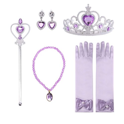  Oiuros Girls Princess Dress up Accessories Set- Gloves,Tiara Crown, Earrings,Wand and Necklaces, 5 Pieces. (Purple)