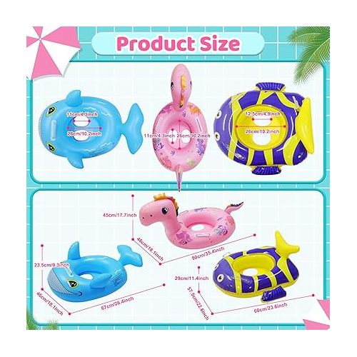  3 Pcs Inflatable Pool Floats for Kids and Toddler, Animal Pool Float Swim Tube Rings with Handle, Boys Girls Summer Water Swim Beach Floaties Toys Party Supplies