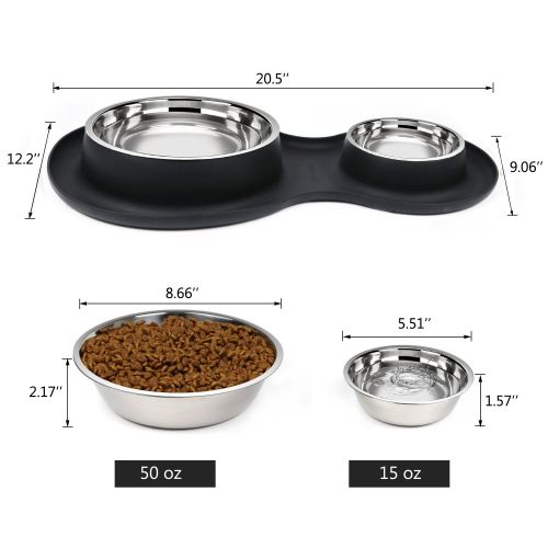  Okdeals Double Stainless Steel Pet Bowl, Non-Skid/Non-Tip Dog Cat Bowls with Silicone Mat 65 OZ Feeder Bowls Pet Dish for Feeding Dogs Cats