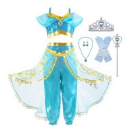 Okidokiyo Girls Princess Jasmine Dress Up Costumes Halloween Party Dress with Accessories