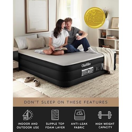  OlarHike Signature Collection Cal King Air Mattress with Built in Pump,18” Luxury Air Mattress with Silk Foam Topper for Camping, Home & Guests, Fast & Easy Inflation/Deflation Airbed Black