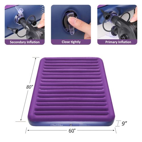  OlarHike Queen Air Mattress, Inflatable Single High Airbed for Guests, Blow up Raised Air Bed for Camping with Electric Air Battery Pump, Purple