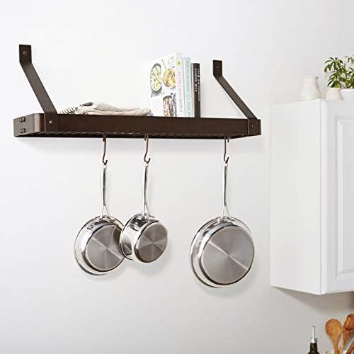  [아마존베스트]Old Dutch Wall-Mount Bookshelf Pot Rack with Grid & 12 Hooks, Oiled Bronze, 36.25 x 9 x 11.5 (104BZ)