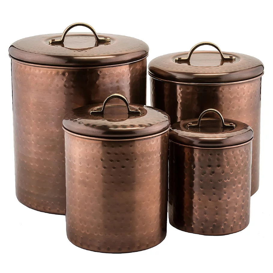 Old Dutch International 4-Piece Hammered Canister Set with Brass Knobs in Antique Copper