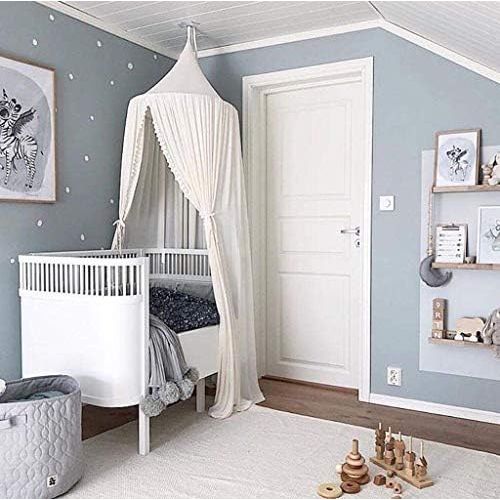  [아마존베스트]OldPAPA Kids Bed Canopy with Pom Pom Hanging Mosquito Net for Baby Crib Nook Castle Game Tent Nursery Play Room Decor，White