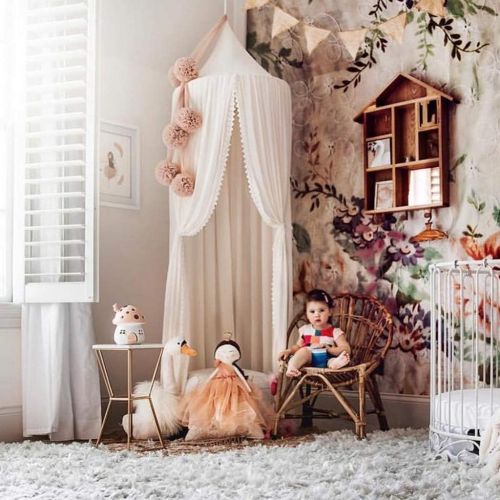  [아마존베스트]OldPAPA Kids Bed Canopy with Pom Pom Hanging Mosquito Net for Baby Crib Nook Castle Game Tent Nursery Play Room Decor，White