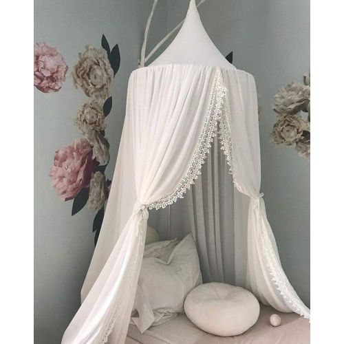  [아마존베스트]OldPAPA Kids Bed Canopy with Pom Pom Hanging Mosquito Net for Baby Crib Nook Castle Game Tent Nursery Play Room Decor，White