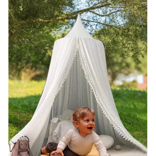  [아마존베스트]OldPAPA Kids Bed Canopy with Pom Pom Hanging Mosquito Net for Baby Crib Nook Castle Game Tent Nursery Play Room Decor，White