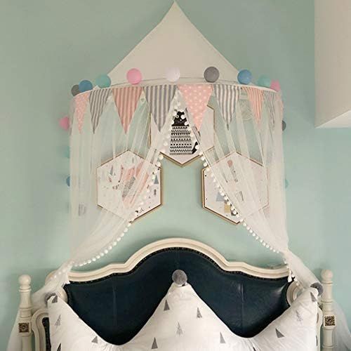  [아마존베스트]OldPAPA Bed Canopy Lace Mosquito Net with Gauze Curtain Unique Pendant Play Tent Bedding for Kids Playing Reading with Children Round Dome Netting Curtains Baby Boys Girls Room Dec