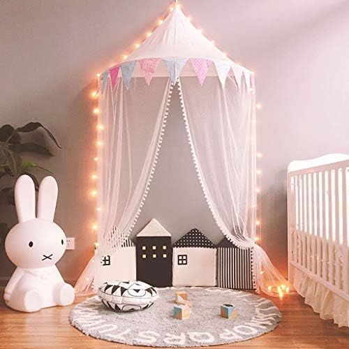  [아마존베스트]OldPAPA Bed Canopy Lace Mosquito Net with Gauze Curtain Unique Pendant Play Tent Bedding for Kids Playing Reading with Children Round Dome Netting Curtains Baby Boys Girls Room Dec