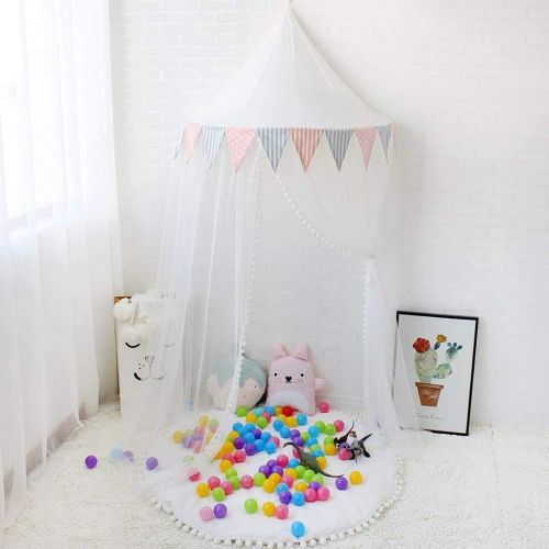  [아마존베스트]OldPAPA Bed Canopy Lace Mosquito Net with Gauze Curtain Unique Pendant Play Tent Bedding for Kids Playing Reading with Children Round Dome Netting Curtains Baby Boys Girls Room Dec