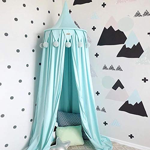  [아마존베스트]OldPAPA Princess Bed Canopy with Pom Pom Chiffon Hanging Mosquito Net for Kids Indoor Outdoor Castle Play Tent Hanging House Decoration Reading Nook