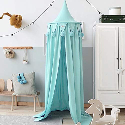  [아마존베스트]OldPAPA Princess Bed Canopy with Pom Pom Chiffon Hanging Mosquito Net for Kids Indoor Outdoor Castle Play Tent Hanging House Decoration Reading Nook