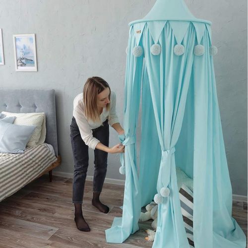  [아마존베스트]OldPAPA Princess Bed Canopy with Pom Pom Chiffon Hanging Mosquito Net for Kids Indoor Outdoor Castle Play Tent Hanging House Decoration Reading Nook