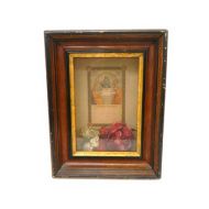 Oldeonthesquare Antique Late 1800s Communion Shadow Box w/ Dried Flowers...Wood Catholic Shadow Box...Religious Shadow Box...Communion Andenken