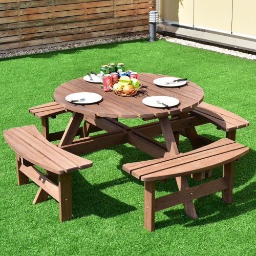  Oldzon oldzon Patio 8 Seat Wood Picnic Table Beer Dining Seat Bench Set Pub Garden Yard with Ebook