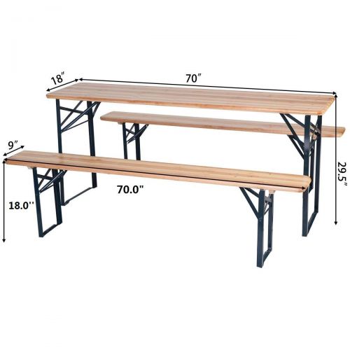  Oldzon 3 PCS Outdoor Wood Picnic Table Beer Bench Dining Set Folding Wooden Top Patio with Ebook