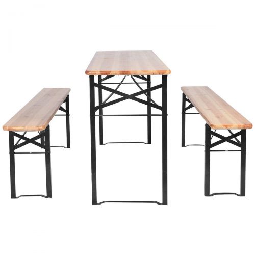  Oldzon 3 PCS Outdoor Wood Picnic Table Beer Bench Dining Set Folding Wooden Top Patio with Ebook