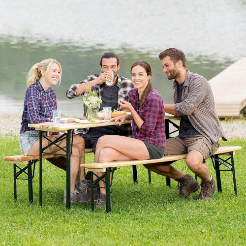  Oldzon 3 PCS Outdoor Wood Picnic Table Beer Bench Dining Set Folding Wooden Top Patio with Ebook
