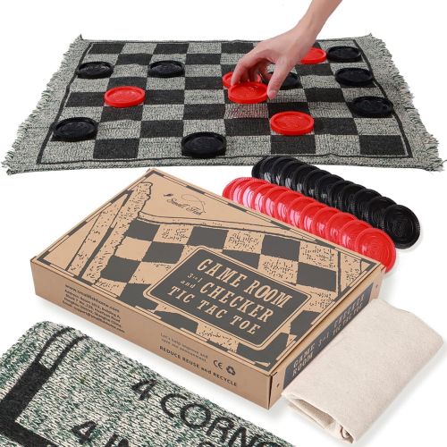  OleOletOy Super Tic Tac Toe and Giant Checkers Set Board Game, 24 Checker Pieces Reversible Rug, Lawn Indoor Outdoor Activity, Stocking Stuffers for Kids and Adults, Gray Color wit