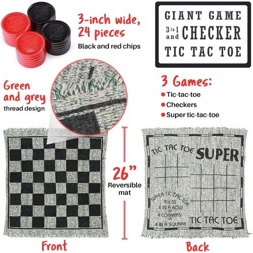  OleOletOy Super Tic Tac Toe and Giant Checkers Set Board Game, 24 Checker Pieces Reversible Rug, Lawn Indoor Outdoor Activity, Stocking Stuffers for Kids and Adults, Gray Color wit