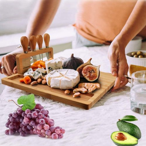  [아마존베스트]Jocabo Bamboo Cheese Board Meat Charcuterie Platter Serving Tray W/ 4 Tableware Stainless Steel Knife, Home Kitchen Food Server Plate Cutter Cutlery Tool, Entertain Family Friend Guest as