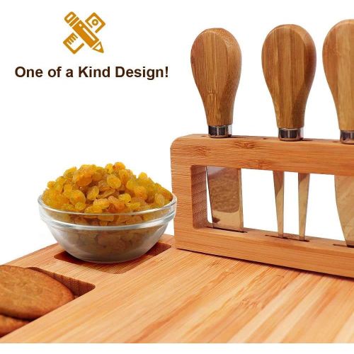  [아마존베스트]Jocabo Bamboo Cheese Board Meat Charcuterie Platter Serving Tray W/ 4 Tableware Stainless Steel Knife, Home Kitchen Food Server Plate Cutter Cutlery Tool, Entertain Family Friend Guest as