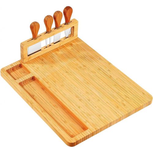  [아마존베스트]Jocabo Bamboo Cheese Board Meat Charcuterie Platter Serving Tray W/ 4 Tableware Stainless Steel Knife, Home Kitchen Food Server Plate Cutter Cutlery Tool, Entertain Family Friend Guest as