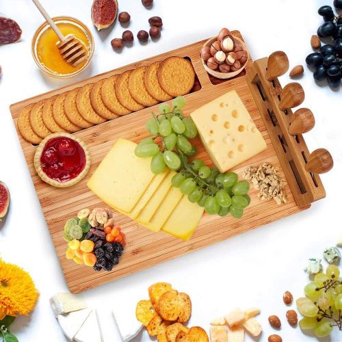  [아마존베스트]Jocabo Bamboo Cheese Board Meat Charcuterie Platter Serving Tray W/ 4 Tableware Stainless Steel Knife, Home Kitchen Food Server Plate Cutter Cutlery Tool, Entertain Family Friend Guest as