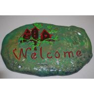 /OlgasTreasure Welcome Hand Painted Ceramic Stepping Stone, Welcome Ceramic Garden Wall Decor.Handmade Ceramic Welcome Stepping Stone.Welcome Yard Art