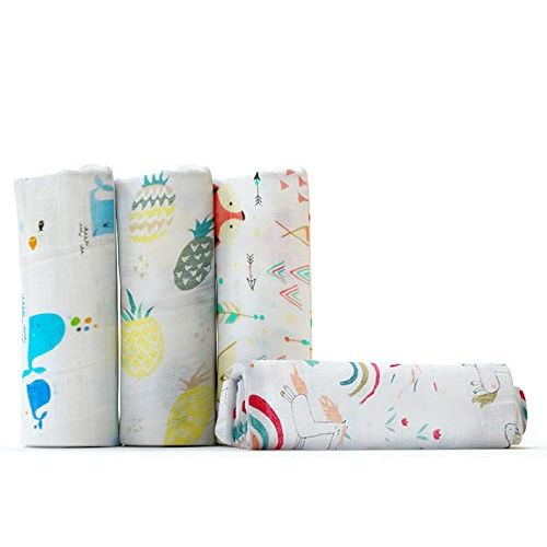  Olie OLiE Muslin Swaddle Blankets - Soft Silky 70% Bamboo, Large 47 x 47 inches Swaddle Blanket for Baby Boys and Girls, Neutral Receiving Blanket Unisex , Set of 4- Whale, Pineapple,Fo
