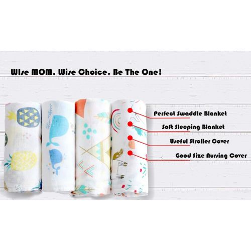  Olie OLiE Muslin Swaddle Blankets - Soft Silky 70% Bamboo, Large 47 x 47 inches Swaddle Blanket for Baby Boys and Girls, Neutral Receiving Blanket Unisex , Set of 4- Whale, Pineapple,Fo